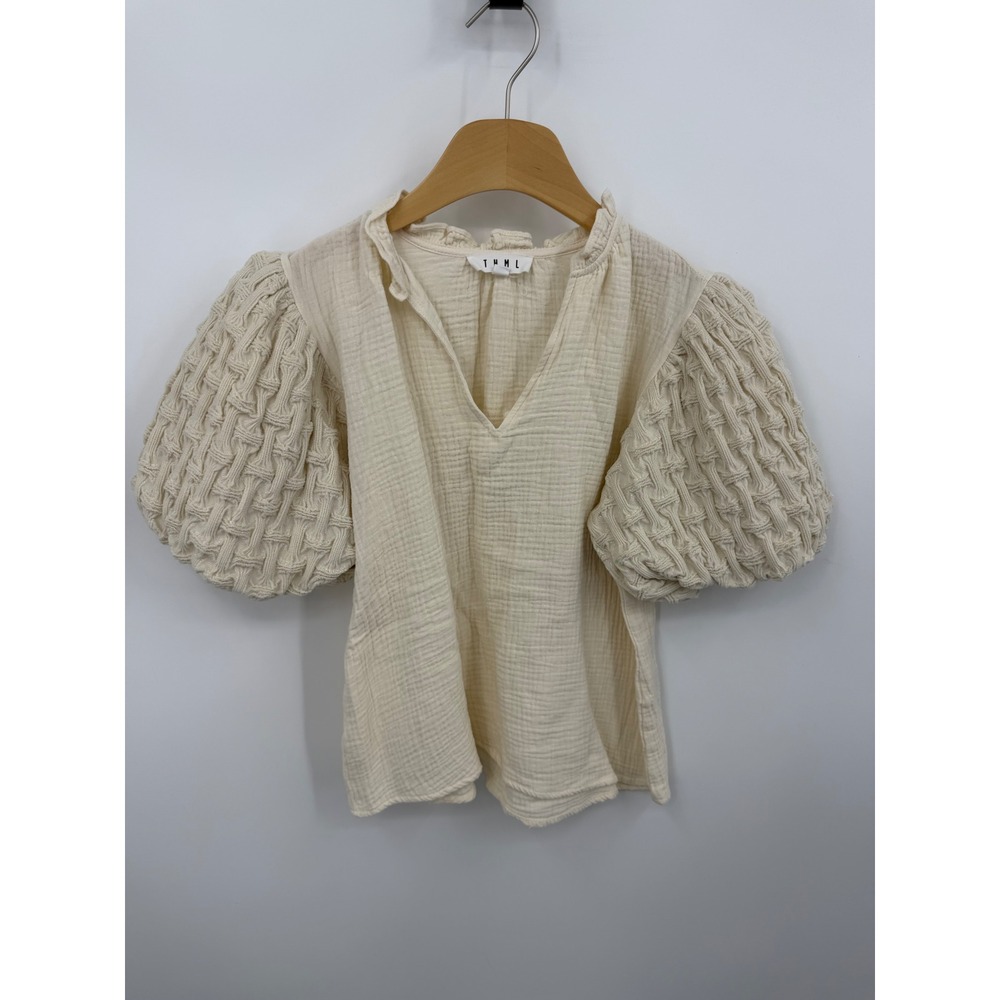 THML Gauze Puff Sleeve Blouse Womens Medium Cream V-Neck Ruffle Textured Top